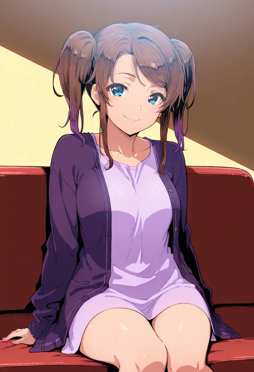 source_manga, best quality,masterpiece, Master piece, illucinemic lighting, shinozuka_yuuji's style, 1girl, young girl, brown hair, twintail, blue eyes, violet cardigan, light violet shirt, sitting on a couch, smile,