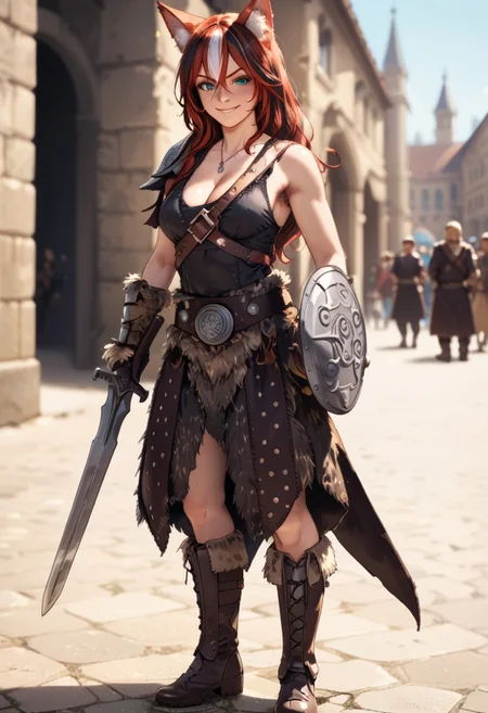 score_9, score_8_up, score_7_up, masterpiece, best quality, absurdres, vibrant, highly detailed, mature, sexy, pinup, 
BREAK 
1girl, solo, Bomba, fox ears, red hair, long hair, black striped hair, two-tone hair, hair between eyes, blue eye, green eye, heterochromia, hairy armpits, dovahkiin armor, brown gauntlets, brown knee boots, cleavage, sword, holding sword, shield, standing, smug face, 
BREAK 
outdoors, medieval architecture, fortified city walls, front gate, armored guards, crowded background, blurry background