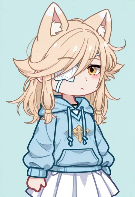 masterpiece ,best quality, amazing quality, Youma59Darkd, Youma59DarkdGacha, gacha, 1girl, blond hair, animal ears, eyepatch, light blue hoodie, hoodie with drawstrings, white skirt