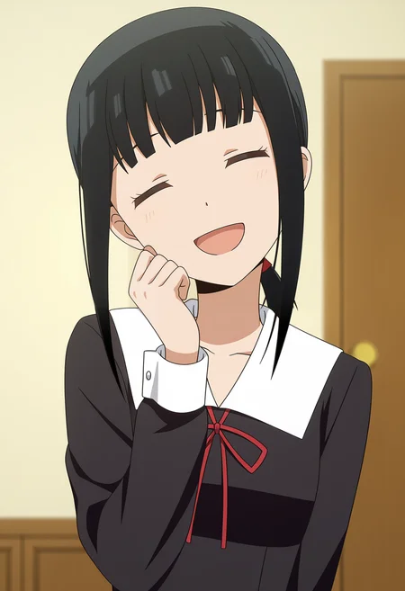 <lora:Makihara Kozue_illustrious-000020:1>,
Makihara Kozue,black hair,closed eyes,school uniform,smile,open mouth,red ribbon,ribbon,long sleeves,blurry,head tilt,sidelocks,hand up,upper body,dress,black dress,:d,anime screencap,