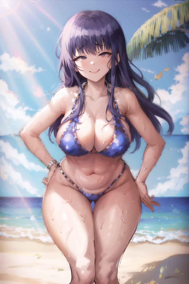 1girl, swimsuit, breasts, bikini, hand on hip, rating:safe, solo, day, smile, sky, leaning forward, long hair, blue bikini, ocean, blue sky, navel, blunt bangs, large breasts, cleavage, bangs, looking at viewer, outdoors, black hair, thighs, hyuuga hinata, thick thighs, water, beach, collarbone,  <lora:HugeASS:1> <lora:stylepoper-10:1>