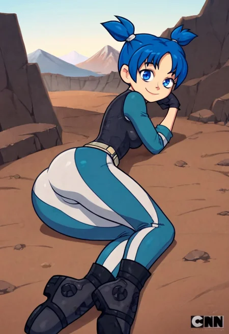 score_9, score_8_up, score_7_up, score_6_up, score_5_up, source anime, BREAK, realistic background, cliffs, mountains, smile,    <lora:vela:0.8> , vela, 1girl, solo, looking at viewer, blue hair, short hair, twintails, blue eyes, skirt, breasts,  gloves, boots,  lowered pants, laying, ass, back view, wants to be fucked, horny, <lora:villainchin_style_pony6_v2:0.8>