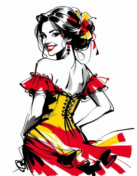 inksketch, young brunette in flamenco dress, naughty eyes, mischevious smile, dynamic angle, red and yellow