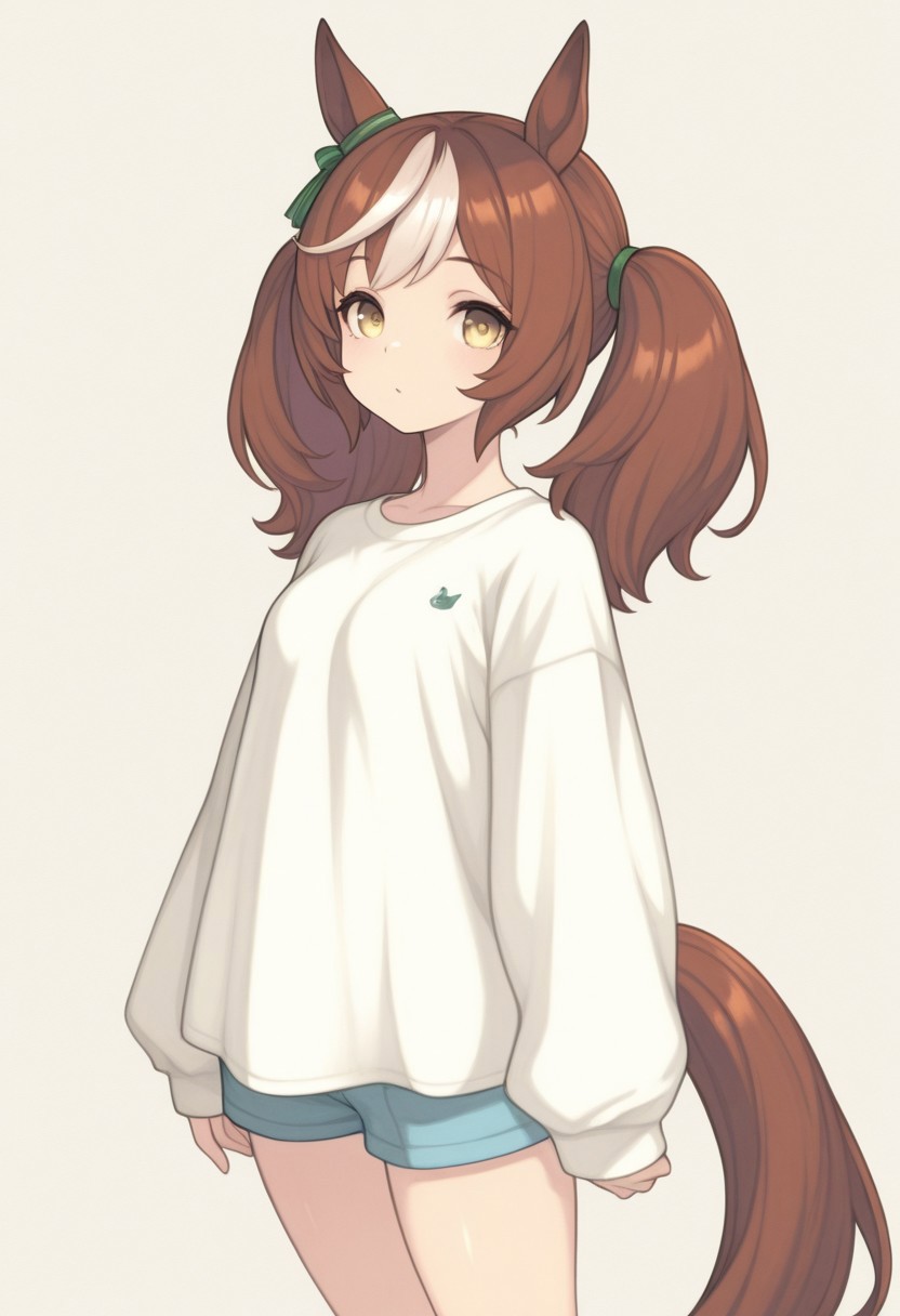 masterpiece, painting \(medium\), best quality, absurdres, newest, very aesthetic, amazing quality, highres,
BREAK, 
1girl, solo, animal ears, horse ears, horse girl, brown hair, long hair, horse tail, tail, multicolored hair, looking at viewer, shorts, long sleeves, simple background, twintails, shirt
BREAK,
 kemonomimi mode, HR-Illu