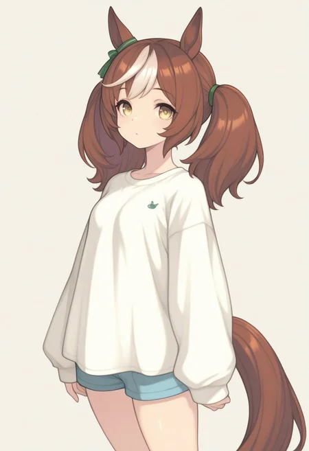 masterpiece, painting \(medium\), best quality, absurdres, newest, very aesthetic, amazing quality, highres,
BREAK,
1girl, solo, animal ears, horse ears, horse girl, brown hair, long hair, horse tail, tail, multicolored hair, looking at viewer, shorts, long sleeves, simple background, twintails, shirt
BREAK,
kemonomimi mode, HR-Illu