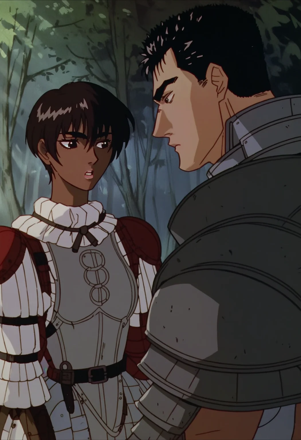 BREAK score_9, score_8_up, score_7_up, score_6_up, score_5_up, score_4_up, <lora:BerserkV5:1> berserk, 1girl, 1boy, forest,
guts, 1boy, male focus, forest, outdoors, portrait,
casca, 1girl, medium breasts, dark-skinned female, outdoors, armor,