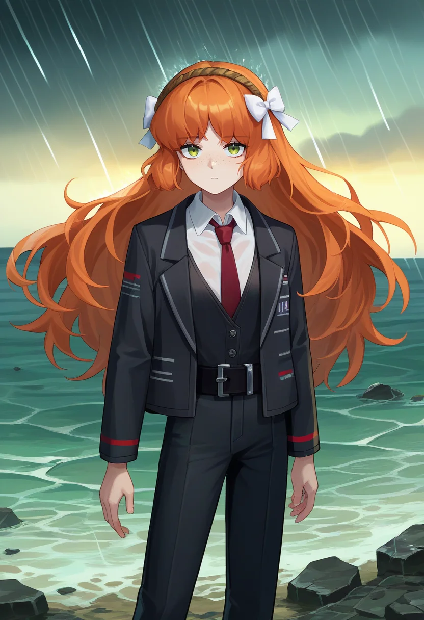 score_9, score_8_up, score_7_up, source_anime, solo, 1girl, ishmael, freckles, expressionless, looking at viewer, standing, hair bow, white bow, brown hairband, black jacket, long sleeves, black vest, white shirt, red necktie, black pants, black belt, storm, raining, outdoors, ocean, debris <lora:limbuscompany_ishmael_ponyXL:1>