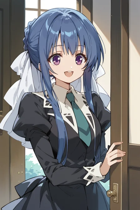 score_9, score_8_up, score_7_up, score_6_up,
<lora:Tamao_Suzumi:1> tamao, miator, 1girl, solo, blue hair, smile, school uniform, open mouth, purple eyes, long hair, :d, sidelocks, necktie, long sleeves, puffy sleeves, ribbon, door