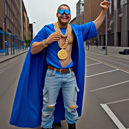 shoes, blue shirt, blue cape, chain necklace, smile, skateboard, jacket, night, sleeveless shirt, fire, boots, backpack, hands up, city, instrument, spray can, glasses, medal