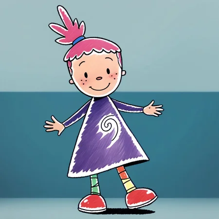 score_9, score_8_up, score_7_up BREAK PinkyDD, 1girl, pink hair, black eyes, freckles, ponytail, long-sleeved purple spiral dress, multicolor stockings, red shoes, full body, smiling at viewer,