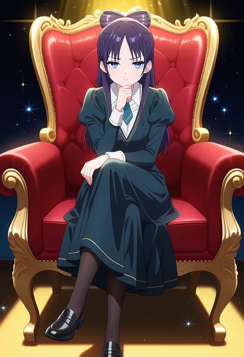 straight-on, (absurdres, best quality, masterpiece:1.4), amazing quality, highres, newest, detailed, detailed body, detailed face, source anime, anime coloring, beautiful, dark background, petite, on fancy red chair, sitting, yellow light ray, crossed legs, hand to own chin, downturned eyes, looking ahead, sparkles,
BREAK
WWNemu, 1girl, solo, frown, NemuAniHu, dark purple hair, bow-shaped hair, parted bangs, half updo, blue eyes, v-neck dress, white inner collared shirt, Short necktie, juliet sleeves, long skirt, black pantyhose, black shoes, hand on chair
