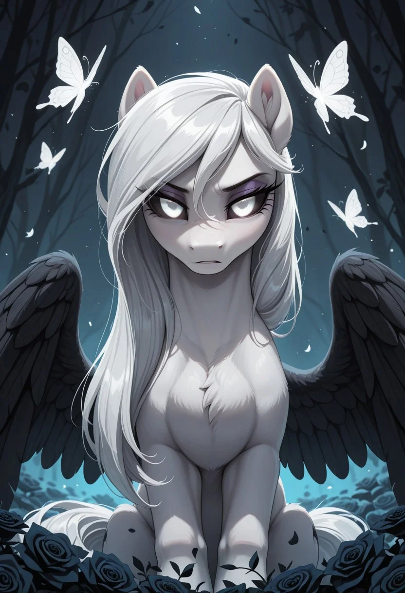 masterpiece, best quality, amazing quality, very aesthetic, absurdres, newest, BREAK Albina, 1girl, feral pony, pony, (white fur1.5), (white long hair:1.2), black sclera, white eye, (glowing white eyes:1.4), (black wings:1.1), (black ears:1.1),((eyes_in_darkness)), glowing eyes, slit eyes, little pony, friendship is magic, quadruped, roses flowers butterflies 
((outline)),background,
p0nuts, <lora:Ponut_Paradise:0.4>
