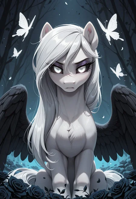 masterpiece, best quality, amazing quality, very aesthetic, absurdres, newest, BREAK Albina, 1girl, feral pony, pony, (white fur1.5), (white long hair:1.2), black sclera, white eye, (glowing white eyes:1.4), (black wings:1.1), (black ears:1.1),((eyes_in_darkness)), glowing eyes, slit eyes, little pony, friendship is magic, quadruped, roses flowers butterflies
((outline)),background,
p0nuts, <lora:Ponut_Paradise:0.4>