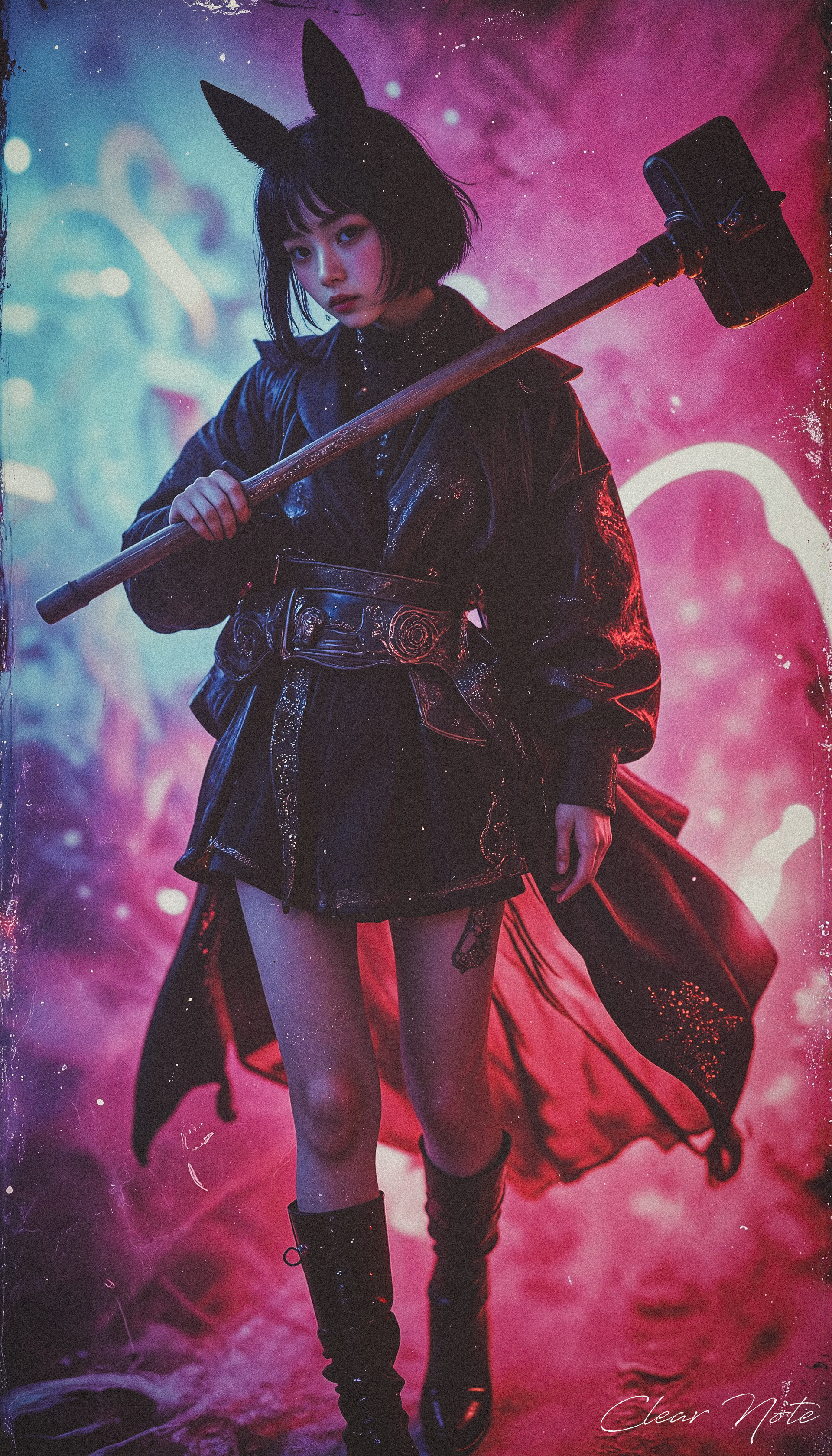 Neo Photorealistic Art Style, A Japanese girl with fox ears and a black bob stands confidently with a hammer, in heels and stockings, against a vivid magenta-teal gradient. Psychedelic, avant-garde, and surreal, filigree accents complete the striking scene.