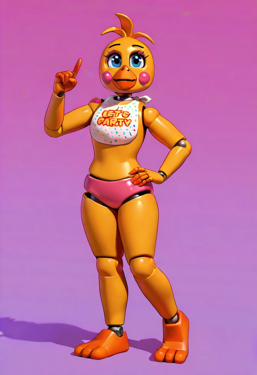 ToyChicaFNAF, 1girl, yellow-orange chicken, orange beak, blue eyes, purple eyelids, long eyelashes, orange feet, reddish pink cheeks, curvy, white bib, pink bikini bottom, robot joints, solo, full body