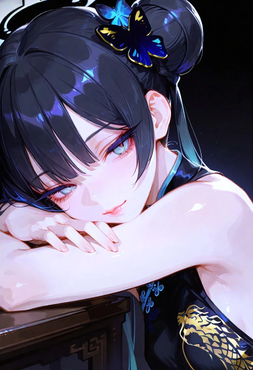 safe_pos, masterpiece, best quality, amazing quality, very aesthetic, absurdres, newest, holographic colors, cute, gradient colors, dark background, masterpiece, best quality, amazing quality, very aesthetic, volumetric lighting,uncensored,
BREAK
nsfw,
ambient occlusion, intricate cinematic background, (beautiful face),
BREAK
masterpiece, highly detailed,1girl, solo, (Ryuuge Kisaki \(blue archive\):1.1), beautiful eyes, big eyes, detailed eyes, detailed pupils, flat breasts,
(sexy, slutty, hot)
BREAK
flirting:1.5,
, uncensord, head rest on arm,black china dress,
(Sexy lips),
, closed_mouth, from_side, eyelashes,under lips,expressionless, portrait, close-up, long_eyelashes, abstract