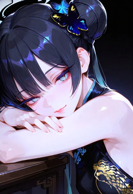 safe_pos, masterpiece, best quality, amazing quality, very aesthetic, absurdres, newest, holographic colors, cute, gradient colors, dark background, masterpiece, best quality, amazing quality, very aesthetic, volumetric lighting,uncensored,
BREAK
nsfw,
ambient occlusion, intricate cinematic background, (beautiful face),
BREAK
masterpiece, highly detailed,1girl, solo, (Ryuuge Kisaki \(blue archive\):1.1), beautiful eyes, big eyes, detailed eyes, detailed pupils, flat breasts,
(sexy, slutty, hot)
BREAK
flirting:1.5,
, uncensord, head rest on arm,black china dress,
(Sexy lips),
, closed_mouth, from_side, eyelashes,under lips,expressionless, portrait, close-up, long_eyelashes, abstract