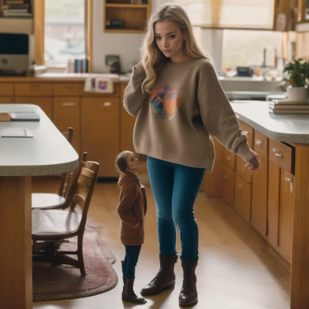 (best quality), (masterpiece), ultra-detailed, illustration, a scene involving one tiny (miniature:1.4) woman, looking at viewer, 30 year old, (huge loose oversized sweatshirt and loose jeans), (piercings), huge brown leather boots, 1girl, tiny, minigirl, miniature woman standing on a table, library, reading book, dynamic light, long blonde hair,Canadian face, 8k uhd, dslr, soft lighting, high quality, film grain, Fujifilm XT3, sharp focus, F/8.0, (long shot:1.2),  <lora:shrunken:0.3>