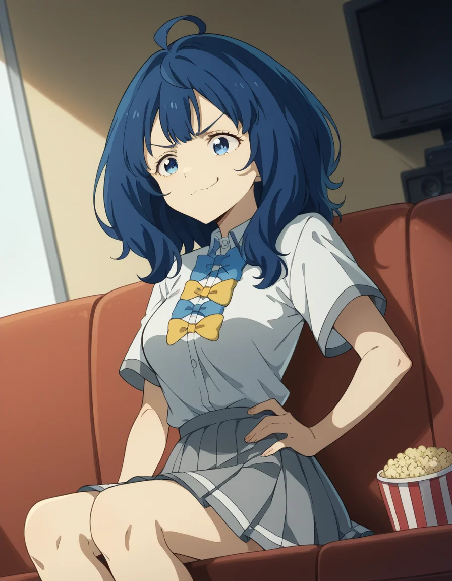 score_9, score_8_up, score_7_up, source_anime, <lora:anna-yanami-s1-ponyxl-lora-nochekaiser:1>, anna yanami, medium hair, blue eyes, ahoge, blue hair, medium breasts, skirt, shirt, bow, school uniform, white shirt, short sleeves, pleated skirt, bowtie, yellow bow, grey skirt, yellow bowtie, blue bow, blue bowtie,, living room, television, couch, popcorn, watching movie, night time, sitting,, , , smug, hand on hips,, solo,, cowboy shot, dutch angle