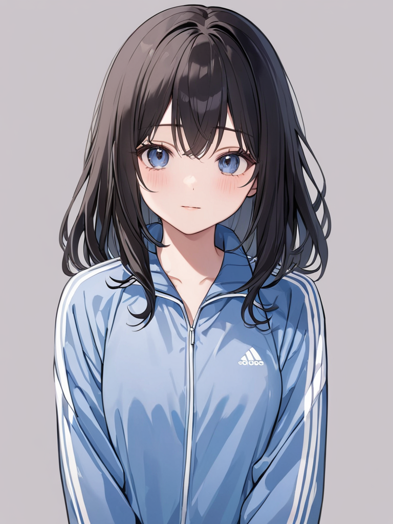 masterpiece,ultra-detailed,best quality,8K,illustration,cute face,clean skin ,shiny hair,girl,ultra-detailed-eyes,simple background, <lora:add-detail-xl:1>  <lora:tracksuits_XL_V1.0:1> tracksuits, long sleeves
