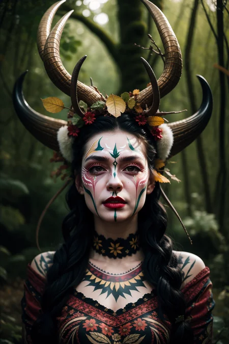 <lora:å¥³å·«:0.8>,mn,1girl,solo,nature,horns,forest,makeup,leaf,looking at viewer,red lips,antlers,lipstick,facial mark,outdoors,facepaint,blurry,tree,asian women,
