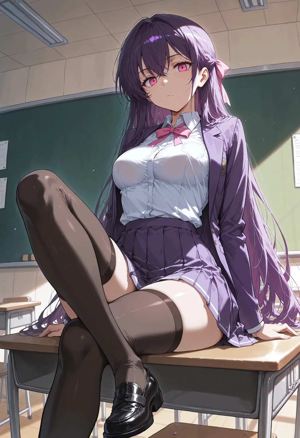 8k,best quality,masterpiece,(ultra-detailed),(high detailed skin),colorful, best quality, 2d, perfect anatomy, score_9, score_8_up, score_7_up, score_6_up, source_anime, rating_explicit, Yuri Kawana, bored, purple hair, long hair, pink eyes, medium breast, purple jacket, purple skirt, pink ribbon, white shirt, black thighhighs, black loafer, sitting on table, classroom, looking viewer, solo