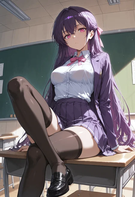8k,best quality,masterpiece,(ultra-detailed),(high detailed skin),colorful, best quality, 2d, perfect anatomy, score_9, score_8_up, score_7_up, score_6_up, source_anime, rating_explicit, Yuri Kawana, bored, purple hair, long hair, pink eyes, medium breast, purple jacket, purple skirt, pink ribbon, white shirt, black thighhighs, black loafer, sitting on table, classroom, looking viewer, solo