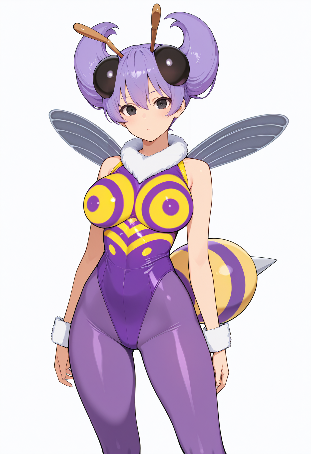 masterpiece, best quality,
1girl, solo,
standing,
looking at viewer,
<lora:Q-bee:1.0> b33sk, purple hair, black eyes, large breasts, antennae, monster girl, arthropod girl, wings,
purple pantyhose, wrist cuffs, leotard, 
simple background, white background,