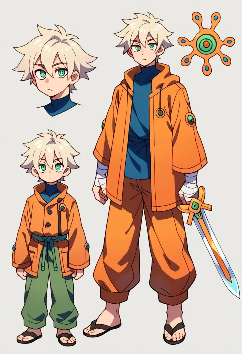 score_9, score_8_up, score_7_up, score_6_up, simple background, character sheet, looking at viewer, full body, 1boy, solo, character sheet, reference sheet, young man, white spiky hair, medium hair, green spiral eyes, pale skin, orange coat, baggy pants, hand wraps, arm wraps, sandals, alien angel wings, one hand with a Omega Sword