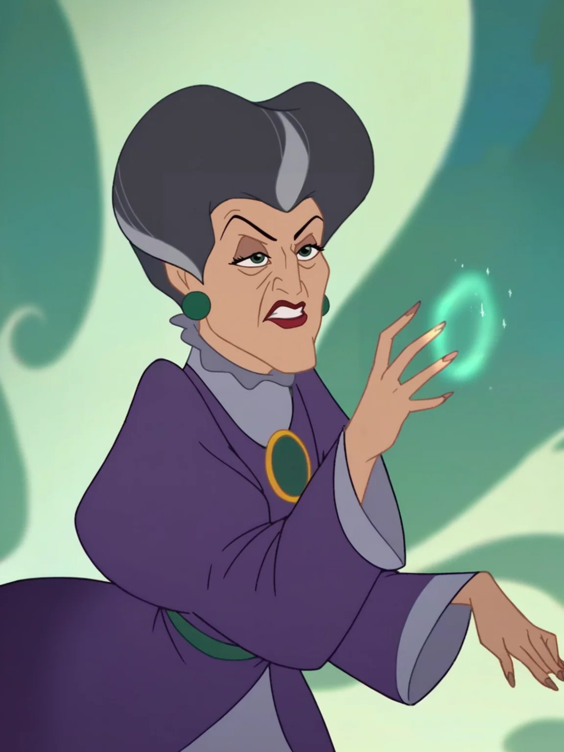 <lora:Lady Tremaine:0.8> l_tr, 1girl, green eyes, gray hair, high heart-shaped pompadour hair, hooked nose, creases on down eyes, red lips, green orb-shaped earrings,
mage, magic, epic pose, magic robe, score_9, score_8_up, score_7_up,
