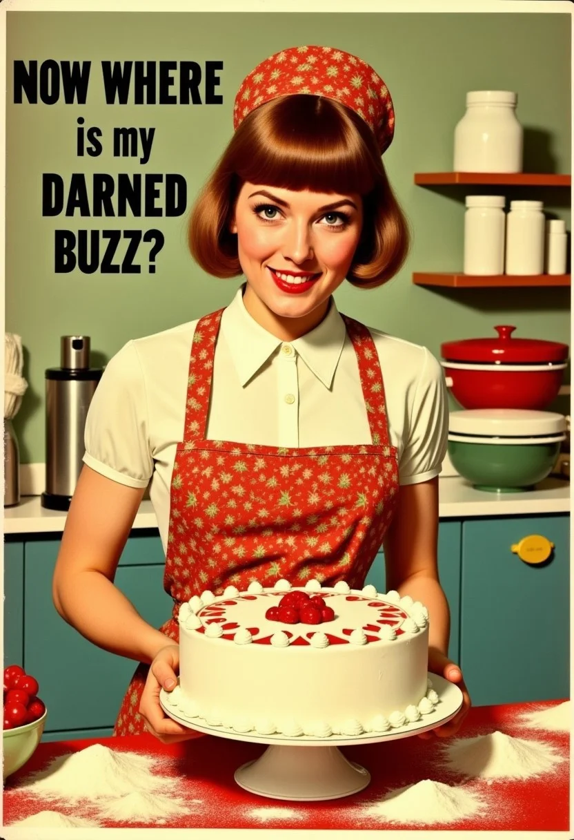 A retro housewife character baking a cake with a caption that reads "Now Where is My Darned Buzz?" She is dressed in a bright, patterned apron and a vintage dress. She is surrounded by organized chaos, with flour, mixing bowls, and baking ingredients. It's a goofy, absent-minded feel and vibe. The scene is set in a kitschy, pastel-colored retro kitchen with cluttered countertops. The lighthearted scene is accentuated by bright and cheerful lighting, blending retro charm with goofy humor.