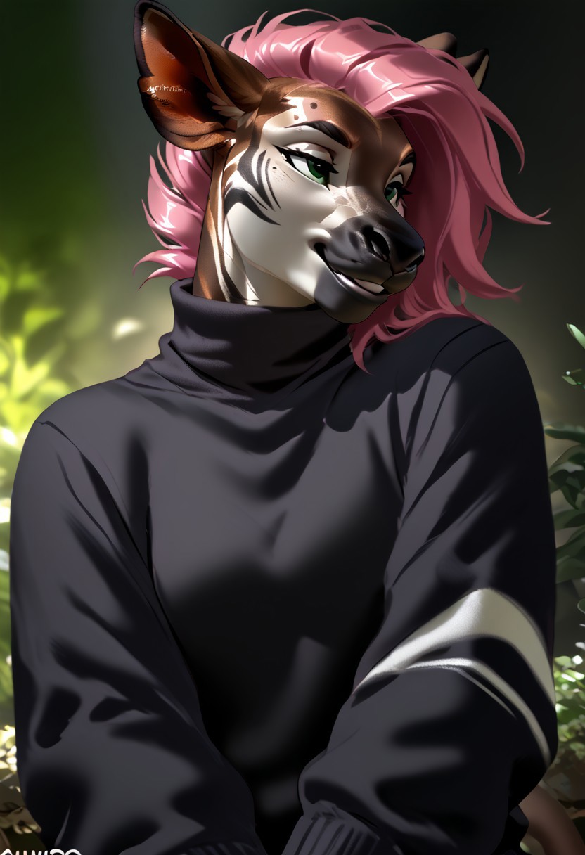 score_9, score_8_up, score_7_up, (by zummeng:1.5), (by jailbird:1.5), (by kittydee:1.5), masterpiece, best quality, (solo),  
(Furry Art : Anthro: okapi:1.5), 1girl, expressive eyes, feminine eyes, perfect face, feminine face, (neon pink hair with black highlights:1.5), (asymmetrical hair:1.5), feminine body, medium breasts, ossicone horns, multicolored fur, brown fur, white face fur, white fur on limbs, black horizontal strips on libs, (punk clothing:1.5), (green eyes),