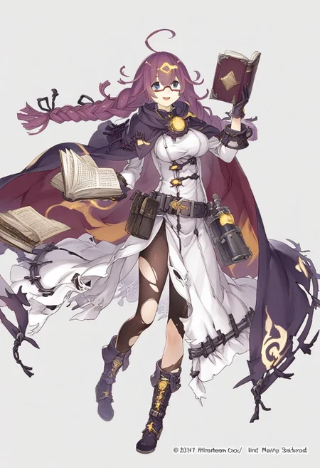 1girl, dorothy_sinoalice, purple hair, glasses, long hair, braid, torn clothes, smile, large breasts, blue eyes, full body, ahoge, hair ornament, dress, messy hair, twin braids, torn pantyhose, hairclip, holding book, skirt, gloves, cape, standing, closed mouth, belt, boots, semi-rimless eyewear, long sleeves