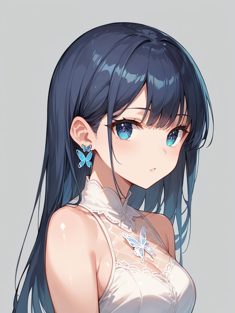 score_9, score_8_up, score_7_up,source_anime, high res image,masterpiece,best quality,girl,cute face,clear skin,shiny hair,ultra detailed eyes,simple background ,  <lora:butterfly ear piercing_pony_V1.0:1> butterfly ear piercing