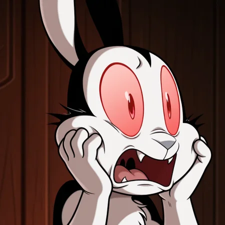 masterpiece, best quality, amazing quality, bunnicula, male, furry male, feral, solo, rabbit, black fur, white fur, two tone fur, red sclera, red eyes, fangs, grey nose, tail, paw pads, freaked out, wide-eyed, hands on face, open mouth, close up, portrait