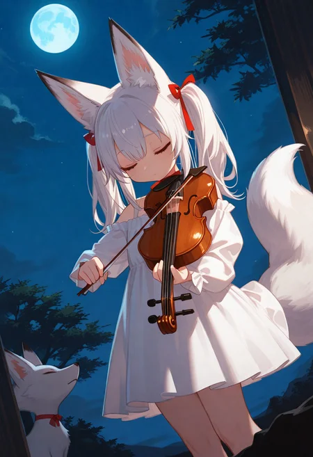 masterpiece, score_9, score_8_up, score_7_up, EasyNegative_v2,
(best quality:1.1),ultra-detailed, high resolution, super detailed skin, beautiful detailed eyes, Brightly Lit, Highly Visible, 8k, sharp focus, beautiful, perfect lighting, beautiful eyes, anatomically correct, anatomically correct face, extremely detailed eyes, smooth edges, beautiful face, symmetrical eyes, symmetrical face,
(standing:1.3), (playing the violin:1.5), (look down, closed eyes:1.5),
1girl, cute girl, (white hair, long hair, twintails, hair ribbon:1.3), (fox ears, fox tail:1.5), (white dress, off-shoulder, ribbon choker:1.3),
bright lighting, (night, full moon, blue moon:1.3), (solo focus:1.5), (dutch angle:1.5),