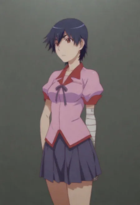 masterpiece, best quality, amazing quality,,, shiny skin,,,,,<lora:Kanbaru_Suruga_Illustrious_XX:1> 1girl, solo, kanbaru suruga, short hair, brown eyes, dark blue hair, naoetsu high school uniform, pink jacket, blue skirt, pleated skirt, ,