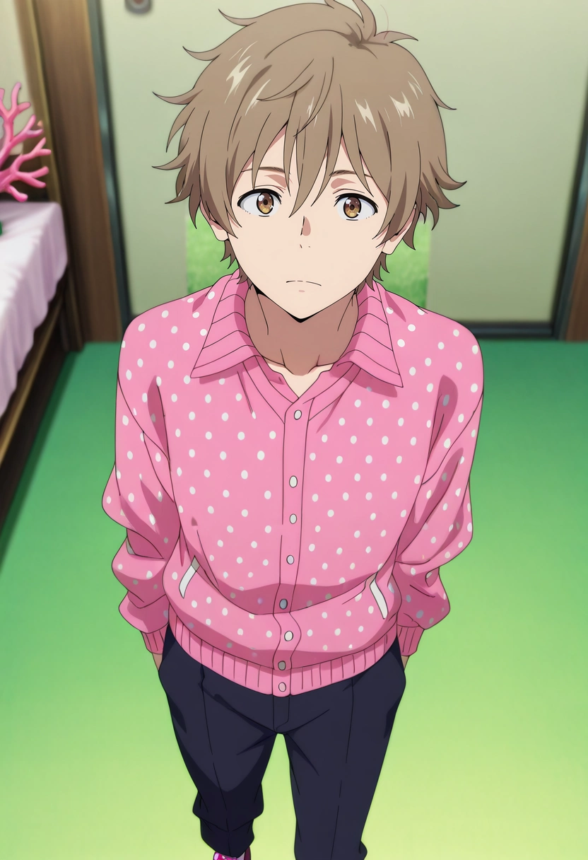 masterpiece, best quality, intricate details, anime screencap, anime coloring, , looking at viewer, 1boy, solo, male focus, <lora:shun_hashimoto_ilxl:0.94>, shun_hashimoto, brown hair, brown eyes, short hair, , Golf pants, Polka dot Coral Pink Henley cardigan, Athletic shoes, ,