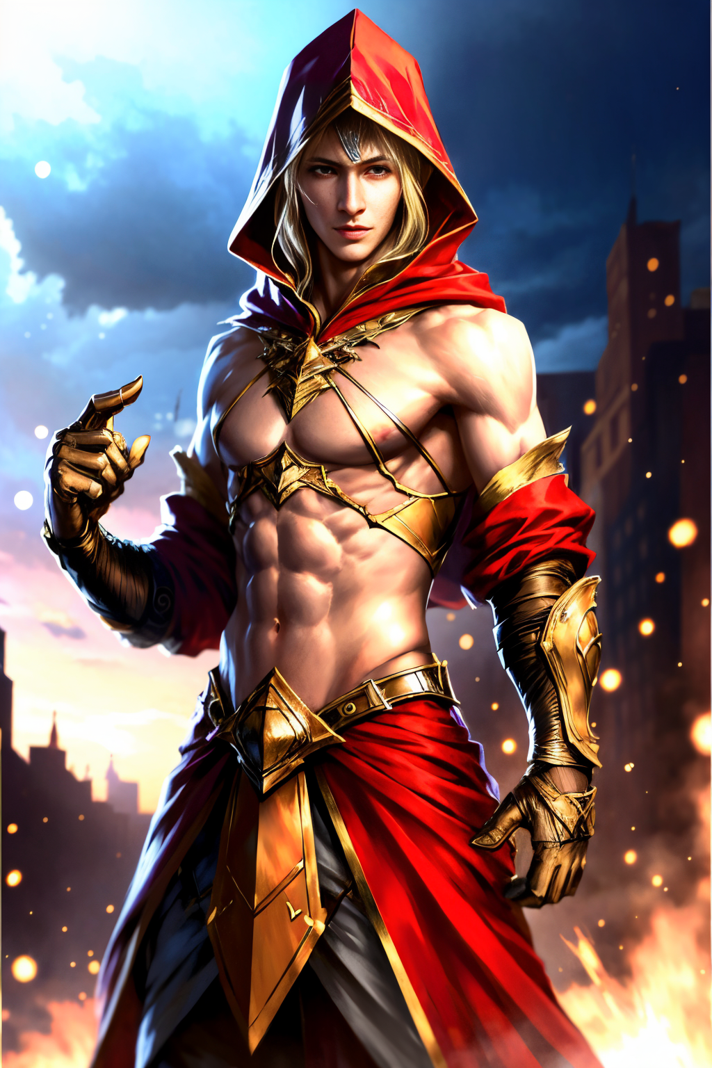 (Realistic:1.5) 1boy 1boy pointy ears hood detached collar midriff blonde hair  <lora:EdobFireSoul_v1.0:0.8>