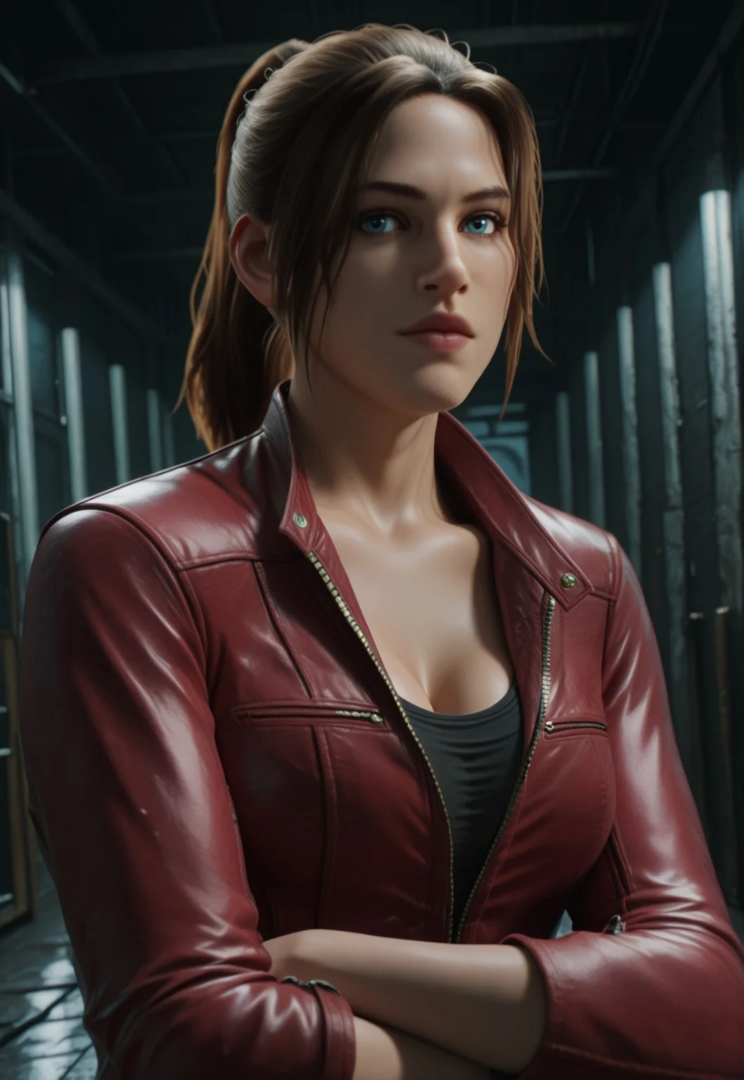 realistic, masterpiece, high quality, BREAK, dynamic angle, 1girl, solo, claireredi, brown hair, blue eyes, ponytail. leather jacket, undershirt, cleavage, perky breasts, arms crossed, looking at viewer, detailed scenery