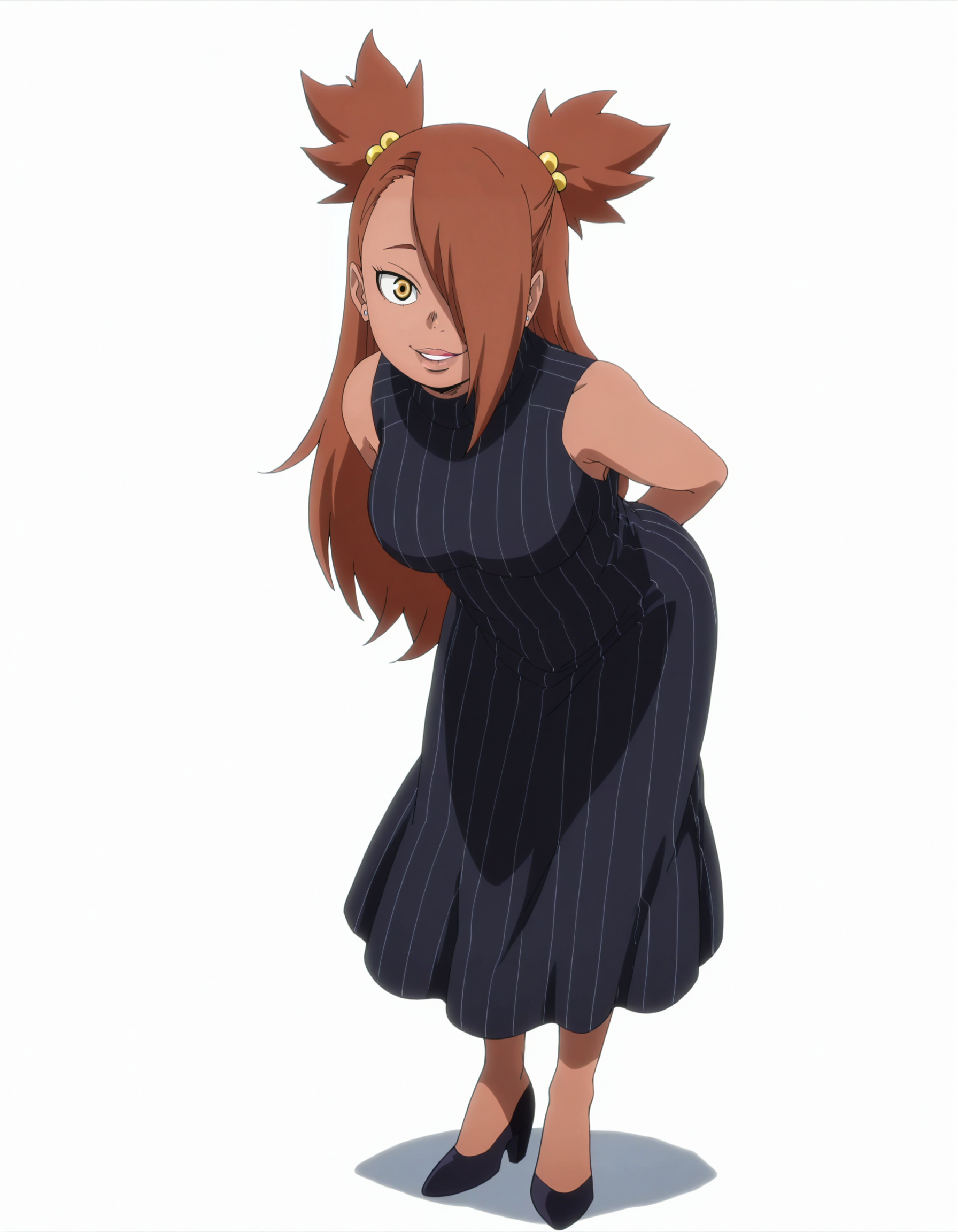 perfect composition, shadows, shading, full body, solo, <lora:Boku_no_Hero:1> BokunoHeroStyle, <lora:anime_screencap-Illustrious:0.8> anime screencap, anime coloring, very aesthetic, absurdres, zPDXL, <lora:Pony_DetailV2.0:0.5> <lora:illustrious_quality_modifiers_masterpieces_v1:1>
<lora:ch0ch0:1> ch0ch0, 1girl, dark-skinned female, hair_bobbles, hair covering one eye, earring, female focus, looking at viewer, smile, defined lips, standing, leaning forward, hands being back,
hourglass figure, ribbed dress, black dress, sleeveless, breasts, side-boob, heels
white background, simple background,