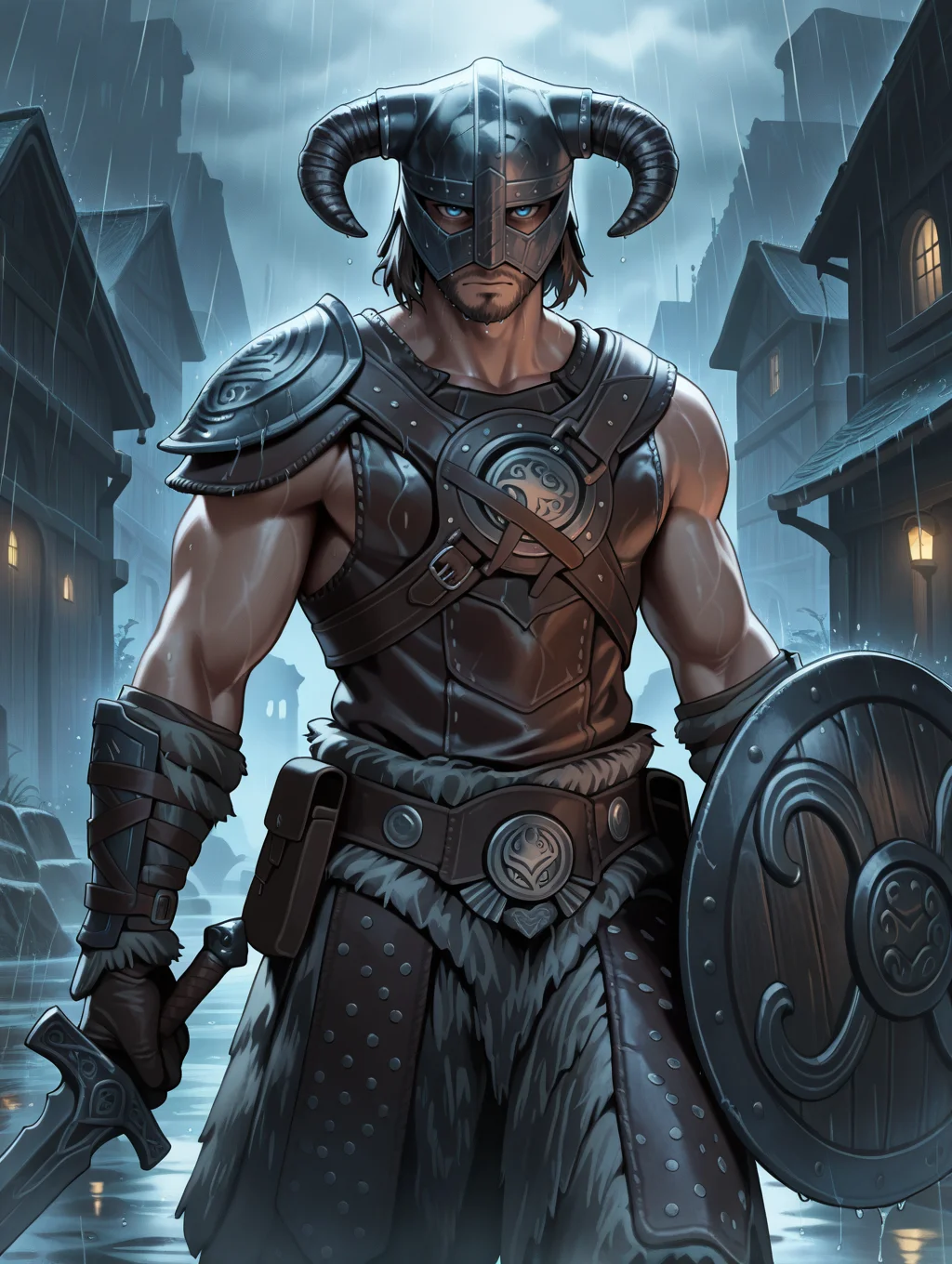 dovahkiin armor, sword, shield, 1boy, rain, male focus, horned helmet, solo, muscular, brown gauntlets, holding sword,the elder scrolls v: skyrim,
masterpiece,best quality,amazing quality,very aesthetic,absurdres,newest,<lora:Dovahkiin illuXL v1:0.78>,