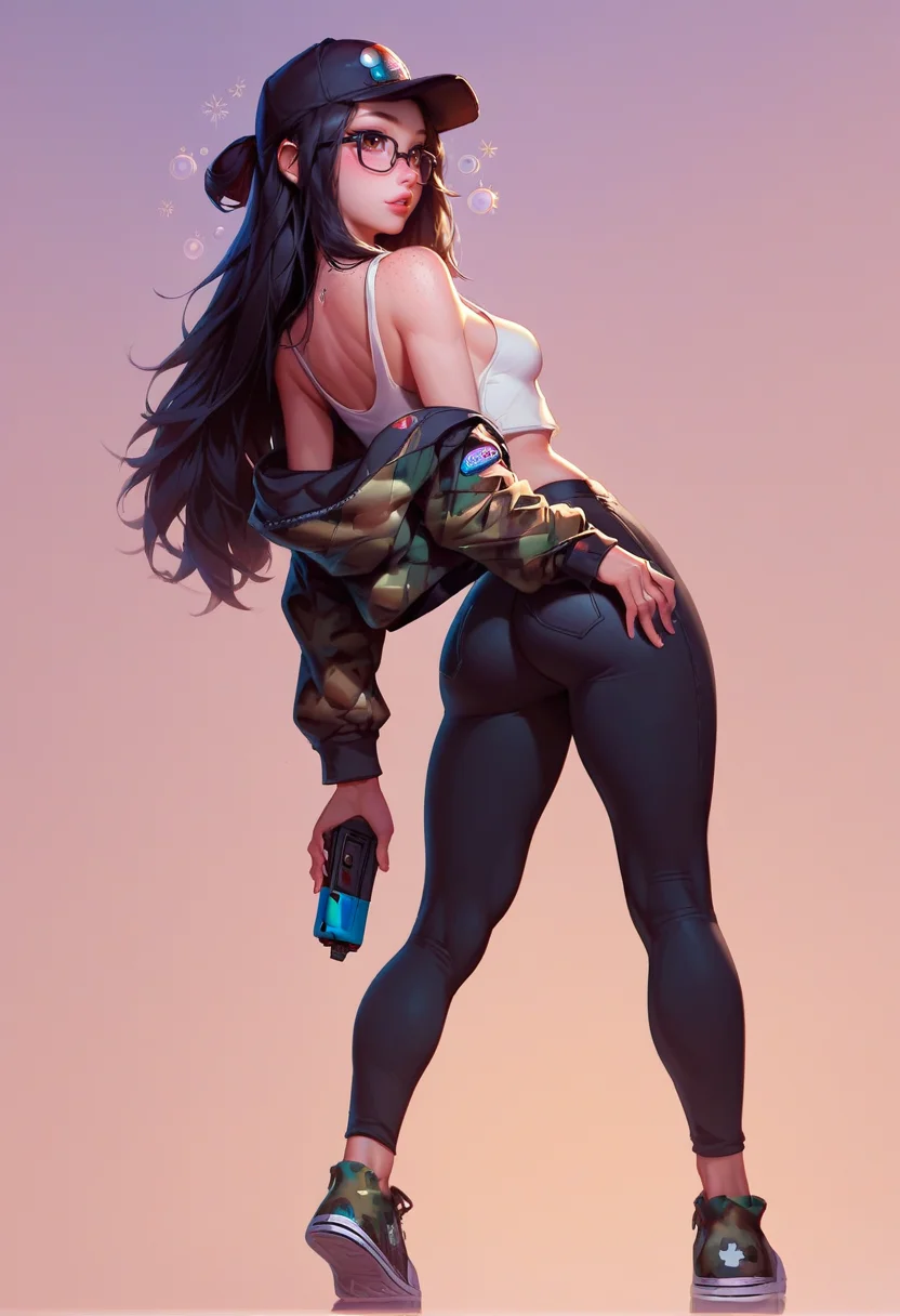score_9, score_8_up, score_8, (medium breasts), (thick body:1.2), curvy, wide hips, skindentations , cute,black square glasses, natural breasts, petite girl, cute girl, vivid colors, brown eyes, black hair, close-up, horny, long hair, no lipstick, (freckles), dramatic angle, (from back, rear view, back view), sensual, (black baseball cap), loose shoulder tank top, white tank top, sexy lips, prominent lips, black leather pants, converse shoes, Camouflage hoodie, army dog tag, open hoodie, arcade machine store, arcade machines, videogame controller, drunk, standing, neon light, <lora:princess_xl_v2:0.6> <lora:Smudge:0.9> <lora:Expressive_H:0.4> <lora:g0th1cPXL:0.4> <lora:Uncensored_PonyXL_cpt_v02:0.4>
