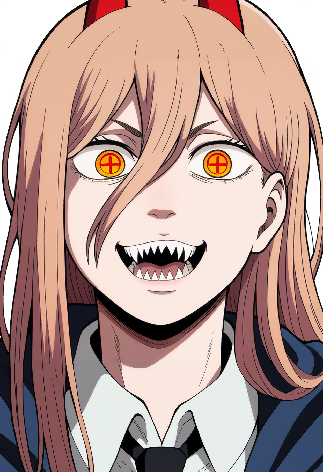 best quality, amazing quality, very aesthetic, absurdres,
1girl, power \(chainsaw man\), pink hair, blonde hair, red horns, red eyes, cross-shaped pupils, long hair, sharp teeth, hair between eyes, symbol-shaped pupils,
collared shirt, black necktie, long sleeves,
looking at viewer, white shirt, open mouth,
simple background, white background, smile, upper body,  <lora:AttackOnTitanNoobLocon_byKonan:1>