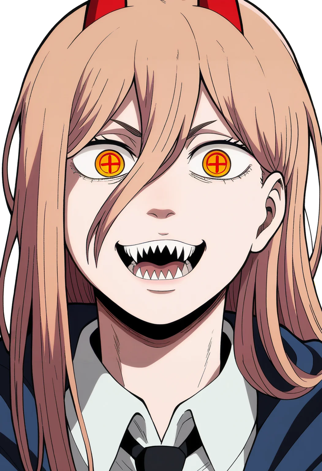 best quality, amazing quality, very aesthetic, absurdres,
1girl, power \(chainsaw man\), pink hair, blonde hair, red horns, red eyes, cross-shaped pupils, long hair, sharp teeth, hair between eyes, symbol-shaped pupils,
collared shirt, black necktie, long sleeves,
looking at viewer, white shirt, open mouth,
simple background, white background, smile, upper body, <lora:AttackOnTitanNoobLocon_byKonan:1>