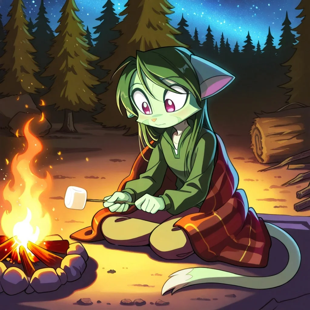 score_9, score_8_up, score_7_up,lilith_calah,
1girl,solo,furry,tail,dark green hair, source_furry,
,<lora:lilith_calah_illustrious:0.8>,
child, kid,
starry_sky, campfire, marshmallow_roasting, cozy_blanket, forest_background, glowing_embers, peaceful_expression, soft_shadows, warm_lighting, nighttime_atmosphere, childhood_memories, serene_moment, firelight_glow, whimsical_vibes, quiet_night, sparkling_light, enchanted_forest, magical_atmosphere