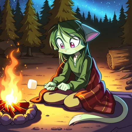 score_9, score_8_up, score_7_up,lilith_calah,
1girl,solo,furry,tail,dark green hair, source_furry,
,<lora:lilith_calah_illustrious:0.8>,
child, kid,
starry_sky, campfire, marshmallow_roasting, cozy_blanket, forest_background, glowing_embers, peaceful_expression, soft_shadows, warm_lighting, nighttime_atmosphere, childhood_memories, serene_moment, firelight_glow, whimsical_vibes, quiet_night, sparkling_light, enchanted_forest, magical_atmosphere