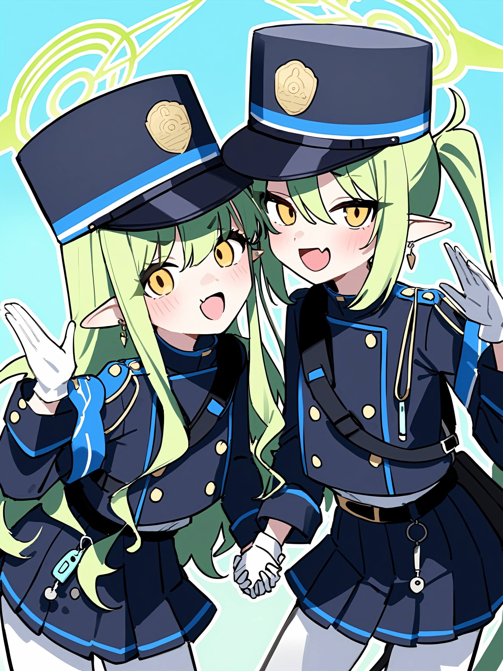 2girls, hikari \(blue archive\), nozomi \(blue archive\), blue archive,
armband, bag, blue armband, blue shirt, blue skirt, cowboy shot, earrings, fang, gloves, green halo, hair between eyes, hand up, hat, holding hands, jewelry, kainekodash, looking at viewer, open mouth, pantyhose, peaked cap, pleated skirt, shirt, shoulder bag, sidelocks, skin fang, skirt, smile, white gloves, white pantyhose, newest, general, good, absurdres, commentary request, highres
masterpiece,best quality,  newest, absurdres, safe <lora:ag31_twin_fp8-000036:1>