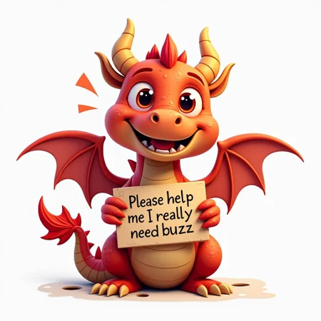 A charming 3D cartoon dragon with a playful facial expression on a white background holes in its paws a sign with the inscription Please help me I really need buzzz. A young dragon in a red color scheme. Vector illustration