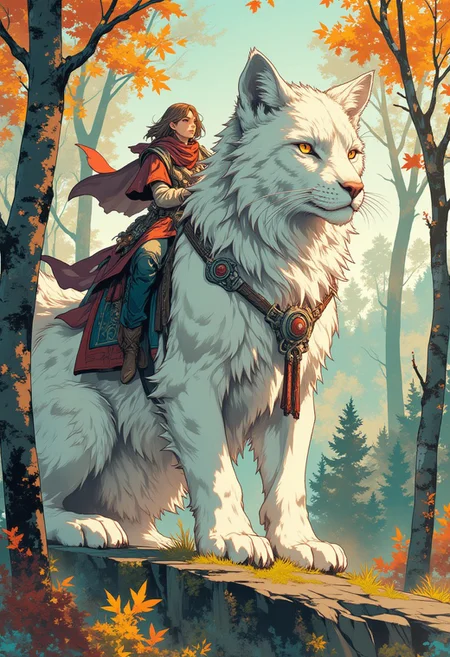 intricate linework with expressive contrasts, soft lighting with dynamic highlights, forest with weeping birch trees, human riding on the back of a large white feline. In the style of ff-td